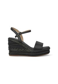 Sandali wedge neri con una larga fascia frontale, cinturino alla caviglia con fibbia e suola piattaformata intrecciata e texturizzata.
