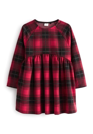 Vestido de cuadros rojos y negros con mangas largas, cuerpo ajustado y falda acampanada. Tejido suave con detalle fruncido en la cintura.