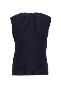 Tyrkysově modrý pletený bezrukávový svetr s žebrovanou strukturou, kulatým výstřihem a postranními rozparky. Jednoduchý design, vhodný pro vrstvení.