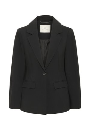 Blazer nero da donna con un solo bottone, colletto a rever, due tasche frontali con patta e dettagli di cuciture aderenti in vita.