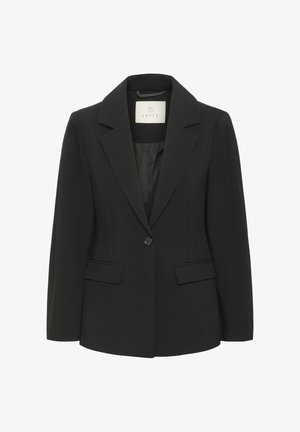 Schwarzer Damenblazer mit einem Knopf, Reverskragen, zwei vorderen Pattentaschen und taillierten Nahtdetails.