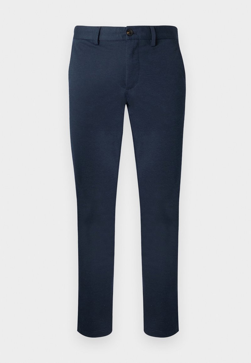 Pantalon bleu marine à jambes droites, confectionné en tissu lisse mélange de coton. Dispose d'une fermeture à boutons sur le devant et de passants pour ceinture standard.