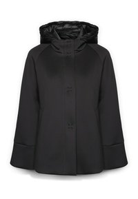 Czarna kurtka z pikowanym kapturem, zapinana na guziki, z rękawami raglanowymi i gładką fakturą. Prosty, nowoczesny design.