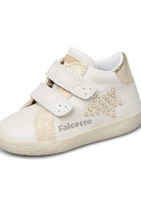 Scarpa per bambino in pelle bianca con due cinturini in Velcro, dettagli dorati, design a stella con borchie rotonde, suola texturizzata e logo "Falcotto".