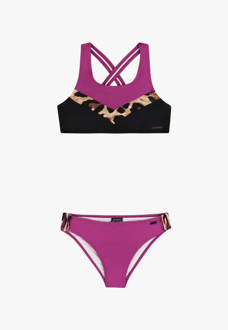 Maillot deux pièces avec motifs violet, noir et léopard ; haut style brassière de sport avec bretelles croisées et bas de bikini assorti.