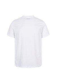 Fehér pamut póló kerek nyakkal, rövid ujjakkal és egyenes szabással. Simás textúrával és minimalista dizájnnal rendelkezik, minták nélkül.