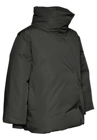 Tamnozelena puffer jakna s visokim ovratnikom, kopčanjem na gumbe i oversized siluetom. Glatka tekstura s mat finishem.