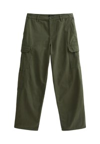 Olijfgroene cargo pants van katoen, met een rechte snit, twee zijzakken en twee cargo zakken op de bovenbenen.