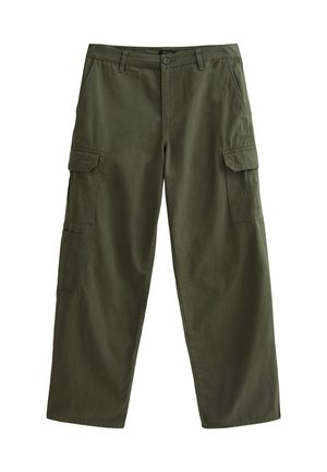 Olive green cargo pants made of cotton, featuring a straight cut, two side pockets, and two cargo pockets on the thighs.