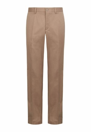 Beige gerade Hose mit Frontknopf, Gürtelschlaufen und unsichtbaren Seitentaschen, vor weißem Hintergrund präsentiert.