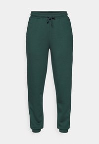 Dark green jogger pants made of soft cotton blend. Features an elastic waistband with drawstring, cuffed ankles, and side seams.
