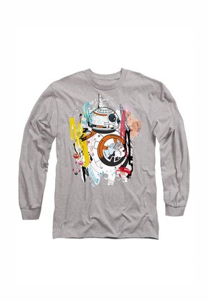 Langärmliges graues T-Shirt mit einem bunten BB-8 Grafikdesign, das auf der Vorderseite mit spritzenden Gelb-, Blau- und Rottönen gestaltet ist, aus Baumwollmaterial mit gerippten Bündchen.