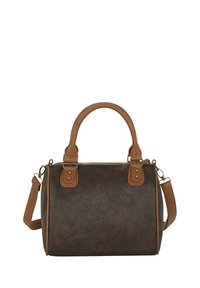Sac à main en cuir marron texturé avec des accents beige, deux poignées supérieures et une bandoulière ajustable. Présente des finitions en métal doré et une fermeture éclair.