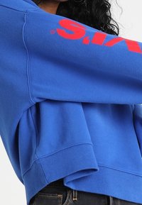 Niebieska bluza z długim rękawem, z dużym czerwonym logo graficznym na lewym rękawie. Miękki materiał z prążkowanymi mankietami i dołem.