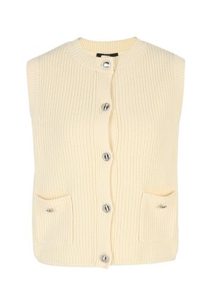 Cream sleeveless vest with ribbed texture, silver buttons, and two front pockets. Simple round neckline and relaxed fit design.