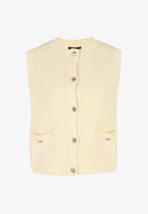 Cream sleeveless vest with ribbed texture, silver buttons, and two front pockets. Simple round neckline and relaxed fit design.