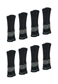 Chaussettes noires avec des accents gris au talon, présentant une texture côtelée et une longueur jusqu'à la cheville. Pack de dix paires, marqué taille 39-42.