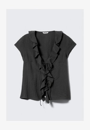Tmavosivá blúzka s krátkymi rukávmi, volánovým golierom a predným dielom, s viazaním. Vyrobená z textúrovanej, ľahkej látky.