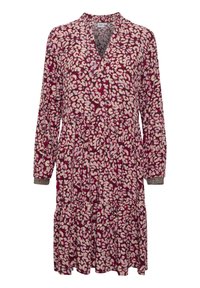 Viininpunainen mekko, jossa on valkoisia ja vaaleanpunaisia kukkakuvioita, V-pääntie ja pitkät hihat. Liukuva muotoilu, jossa on kerrostettu hame ja korostetut hihansuut.