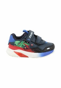 Sneakers per bambini in materiale sintetico nero, con grafiche di draghi verdi, accenti rossi e dettagli blu. Chiusura con strappi in velcro.