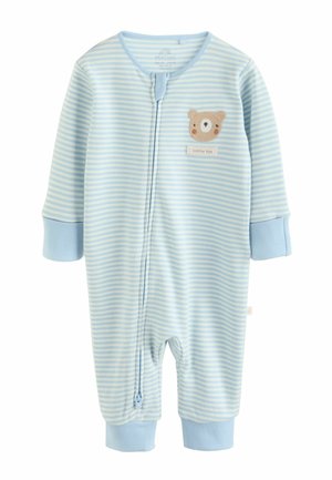 Hellblauer gestreifter Baby-Strampler aus weichem Stoff. Verfügt über eine Bären-Applikation auf der Brust, einen Reißverschluss und Ärmel mit Bündchen.