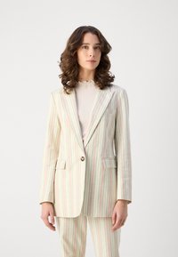 Blazer a righe in tonalità pastello chiare con linee verticali verdi e rosa, chiusura con un solo bottone e due tasche frontali. Tessuto dalla superficie liscia.