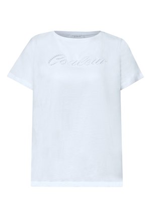 Camiseta blanca de manga corta con cuello redondo y sutil texto bordado en letra cursiva "Coucou" en el pecho.