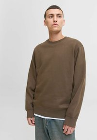 Bruine sweatshirt met een ronde hals en lange mouwen, met een gladde textuur en geribbelde manchetten, gedragen over een witte shirt.