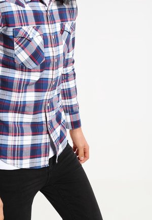 Person iført en blå, hvid og rød ternet skjorte med sorte bukser, stående mod en ensfarvet hvid baggrund.