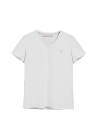 Vit kortärmad V-ringad t-shirt, tillverkad av mjukt tyg, med subtil broderi på vänster bröst. Slät yta, normal passform.