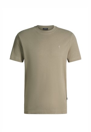 Beiges T-Shirt mit kurzen Ärmeln und Rundhalsausschnitt, kleines weißes gesticktes Logo auf der linken Brust, schlichtes Design.