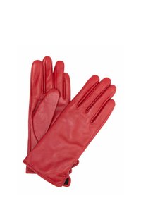 Czerwone skórzane rękawiczki o gładkiej fakturze, z długimi palcami i dopasowanym krojem. Bez widocznych elementów metalowych ani dodatkowych zdobień.