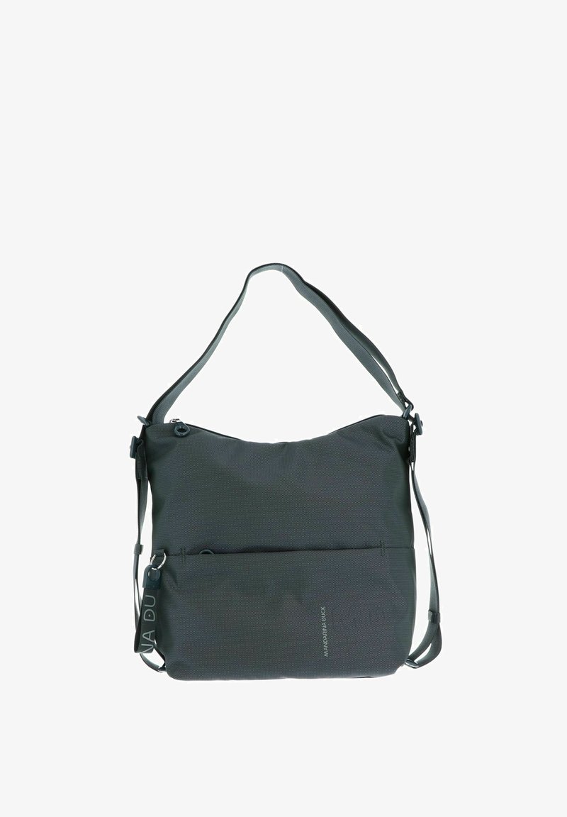 Sac à épaule gris foncé avec un tissu texturé, une bandoulière ajustable et une poche avant. Présente des accents en métal et un design minimaliste.