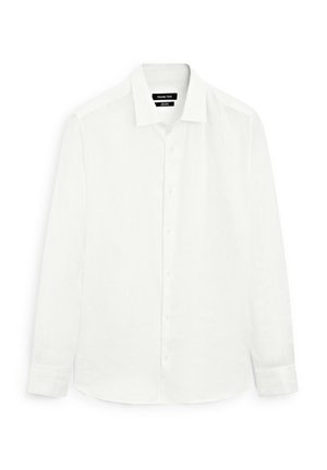 White long-sleeve shirt made of lightweight fabric. Features a pointed collar, button placket, and cuffs. Smooth texture with no patterns.