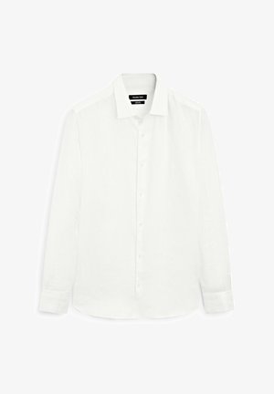 White long-sleeve shirt made of lightweight fabric. Features a pointed collar, button placket, and cuffs. Smooth texture with no patterns.