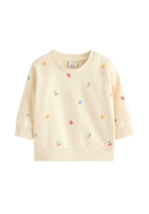 Vaaleankeltainen pitkähihaisen collegepaita, jossa on värikkäitä hedelmä- ja kukka-ompeluja. Pehmeä pinta, jossa on ribbaus hihansuiden ja helman kohdalla.