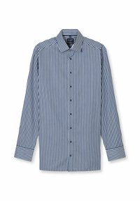 Hemd mit Knopfleiste und vertikalen marineblauen und weißen Streifen. Verfügt über einen klassischen Kragen, lange Ärmel und schwarze Knöpfe. Glatte Stoffstruktur.