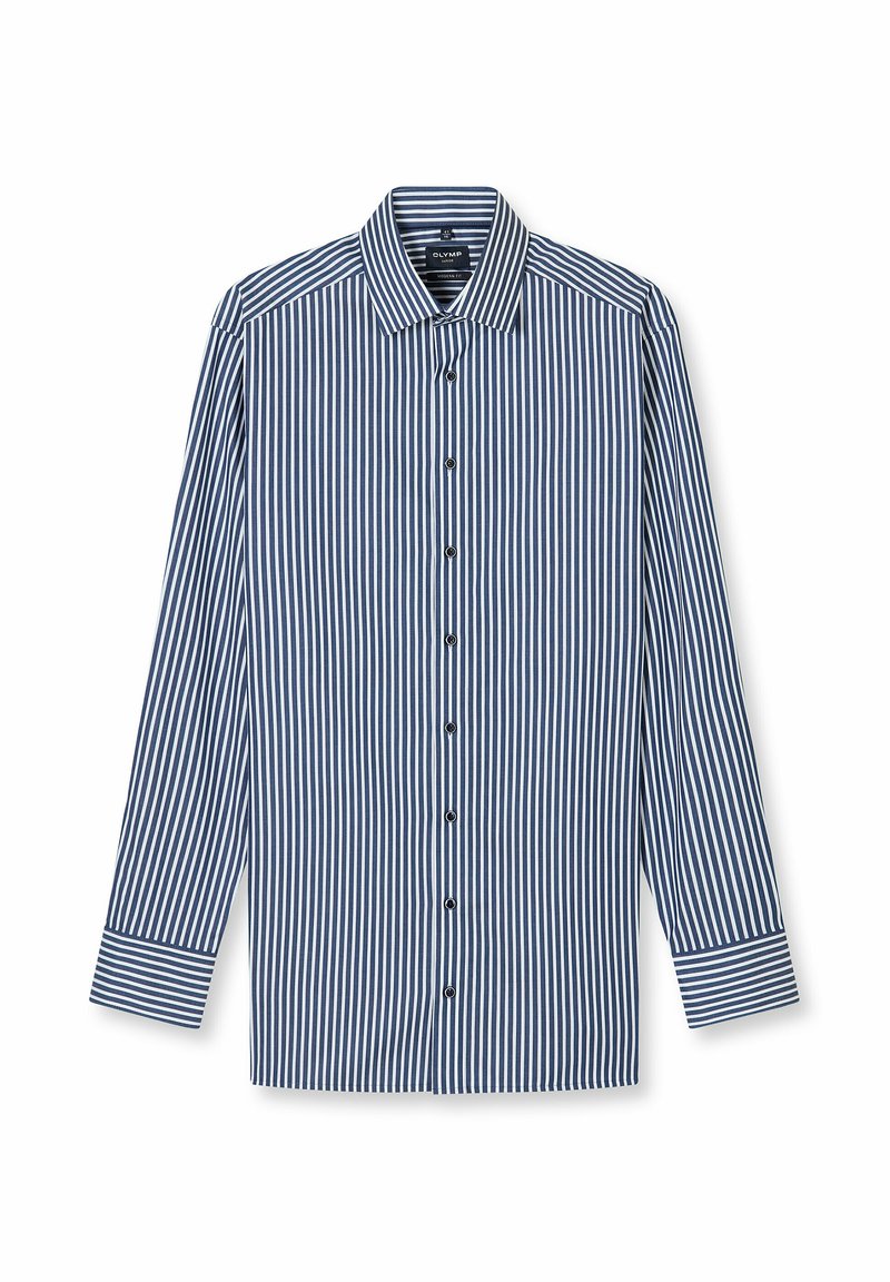 Hemd mit Knopfleiste und vertikalen marineblauen und weißen Streifen. Verfügt über einen klassischen Kragen, lange Ärmel und schwarze Knöpfe. Glatte Stoffstruktur.