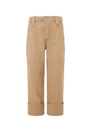 Beige Cargo-Hosen aus Baumwolle, mit mehreren aufgesetzten Taschen, tailliertem Bund und umgeschlagenen Säumen. Robustes Material mit glatter Textur.