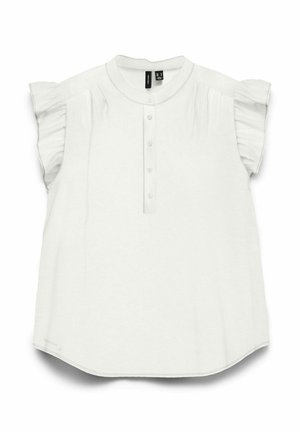 Witte blouse met korte mouwen met ruches, vijfknopenbies, ronde halslijn en rechte zoom.