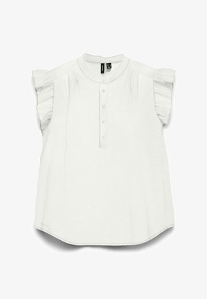 Hvid bluse med korte ærmer med flæser, fem-knaps lukning, rundet halsudskæring og lige kant.