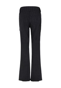 Pantalons évasés noirs avec un motif pied-de-poule, fabriqués à partir d'un tissu texturé avec une taille plate et des poches latérales.