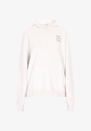 Svetlo šedá mikina s kapucňou vyrobená z mäkkej textílie, s predným vreckom a šnúrkou na kapucni. Obsahuje jemne vyšitý text na hrudi.