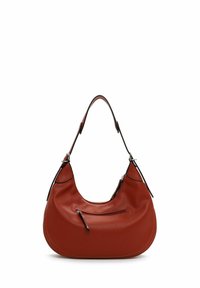 Red leather shoulder bag with a curved shape and a top handle. Features a zippered pocket on the front and contrasting stitching details.