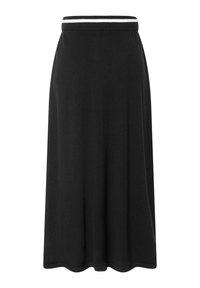 Jupe noire en tissu doux, dotée d'une ceinture élastique avec une bande blanche, s'évasant légèrement à partir de la taille, avec un ourlet festonné.