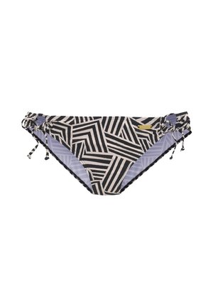 Bikini bottom with a geometric black and cream pattern, featuring adjustable ties on the sides and a smooth, contrasting inner lining.