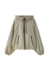 Veste à capuche beige clair et marron à carreaux avec fermeture éclair noire et détails de poche, poignets élastiques et capuche à cordon.