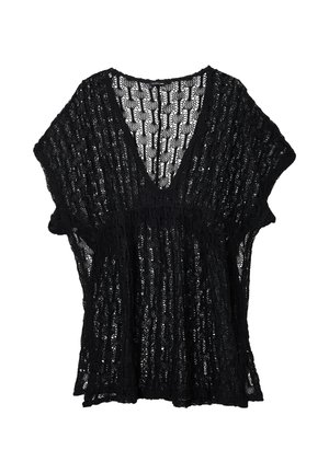 Haut noir à manches courtes en tricotage lâche avec un décolleté en V profond et un motif ajouré texturé.