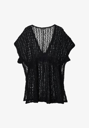 Haut noir à manches courtes en tricotage lâche avec un décolleté en V profond et un motif ajouré texturé.
