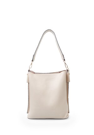 Beige vegan leather handbag with a smooth texture, an adjustable strap, and subtle brown accents at the opening and side edges.